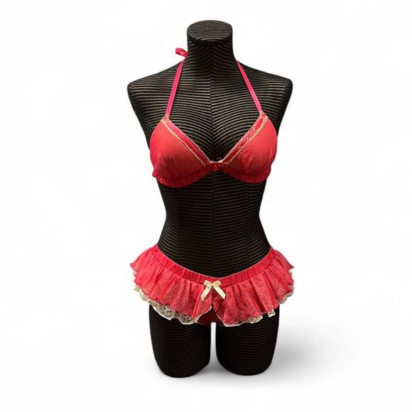vintage y2k René Rofé Hot Pink Lingerie Top Lace & Ruffle Skirt Set Size 34B/S - Picture 1 of 5